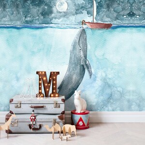 Blue Whale Wallpaper Mural, Ocean Sailboat, Removable Peel and Stick