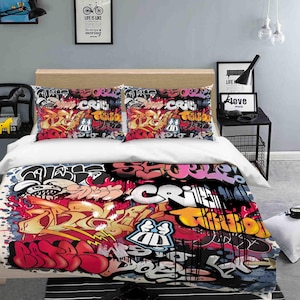 Juego de fundas de edredón con grafiti en 3D, funda de edredón colorida, juego de cama de monstruos, funda de edredón con letras, ropa de cama doble negra, ropa de cama roja