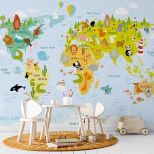3D Cartoon World Map Animal Balloon Kids Tapeta Zdejmowana Tapeta-Zdejmij i przyklej Fototapeta,Tapeta do pokoju zabaw Dekoracja ścienna,r
