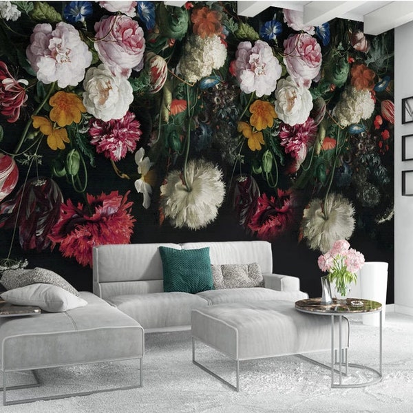 Mural de papel pintado floral, fondo negro, autoadhesivo, removible