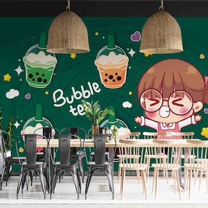 3D Cartoon, grüner Hintergrund, Bubble Tea, Milk Tea Shop, Pearl Tea, Wandkunst, Schälen und Aufkleben, Abnehmbare Tapete, Wandaufkleber 8