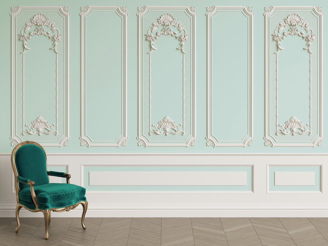 3D Molding Wallpaper, Interior Wall With Cornice Wall Mural, Green Wall