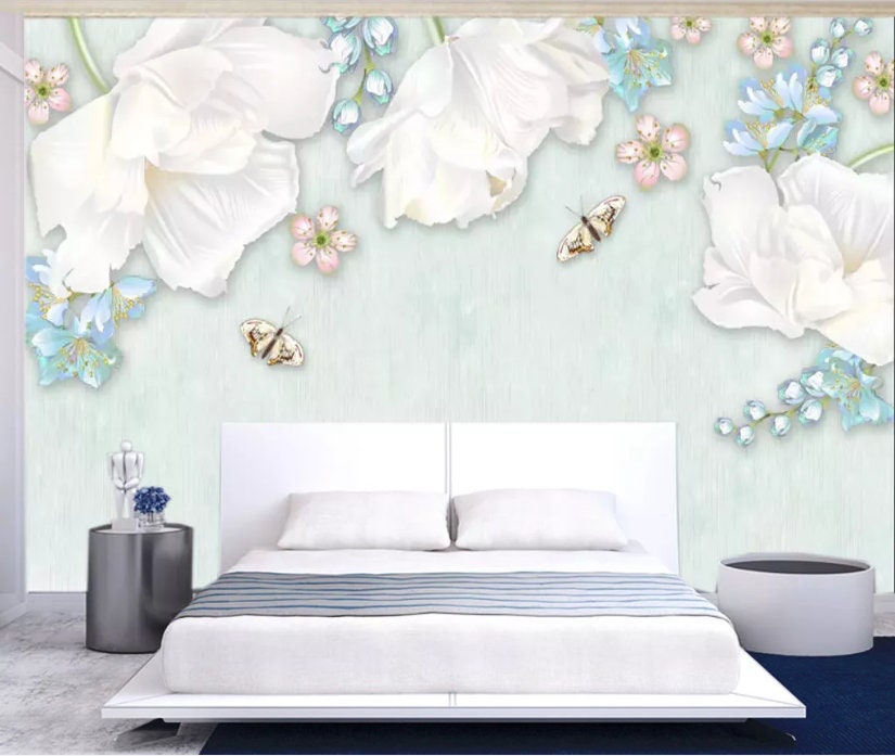 3D Hand Drawn Simple Beautiful Flower Butterfly Wallpaper Mural Peel ...
