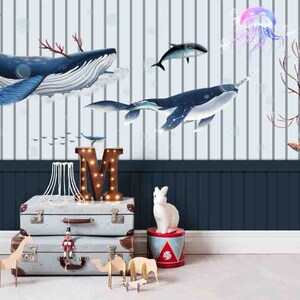 3D walvis behang, koraal muur muurschildering, cartoon wand decor, kunst aan de muur kinderen, Peel en Stick, verwisselbaar behang, muur sticker