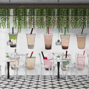 May include: A wall mural featuring illustrations of various bubble tea drinks in clear plastic cups with straws. The drinks are in shades of green, brown, and pink, with boba and whipped cream. White chairs and tables are in front of the mural.