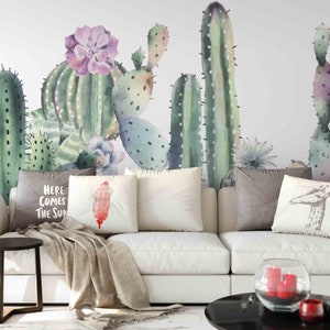 Carta da parati floreale 3D disegnata a mano con piante di cactus Carta da parati rimovibile-Murale con stacca e incolla, Carta da parati per sala giochi Decorazione murale, r