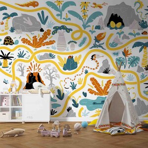 Cartoon Maze Volcano Dinosaur Kids 3D Peel and Stick, Removable Wallpaper, Wall Mural, Self-adhesive Wallpaper, Wall Decals, Wallpaper Mural