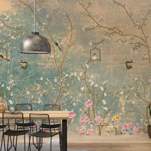 Floral Bird Branches Wall Mural – Silk Hand-Drawn Wallpaper, Custom Size