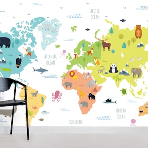 3D-Weltkarten-Tapete, Cartoon-Tiere-Wandbild, bunte Wanddekoration, Wandkunst für Kinder, abziehen und aufkleben, abnehmbare Tapete, Wandaufkleber