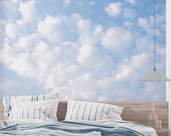パステルスカイ壁画 - 3Dの青い空、白い雲、剥がして貼れる壁紙