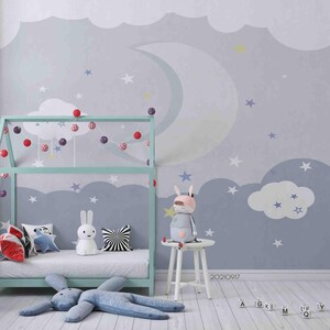 Cartoon muurmuurschildering – 3D Moon Star Cloud kinderbehang, Peel and Stick-behang, kunst aan de muur voor woonkamer, slaapkamer en kantoor