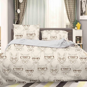 3D Dog Duvet Covers Set, Cat Quilt Cover, Cartoon Bedding Set, Pattern Doona Cover, Glasses Twin Bedding, Brown Bedding