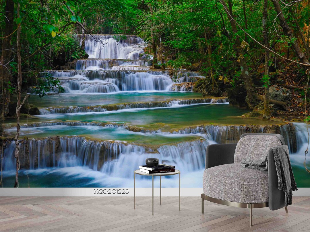 3D Wood River Waterfall Wallpaper, Green Landscape Peel and Stick Wall ...