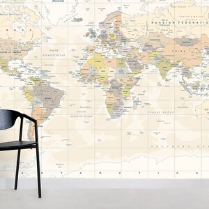 Papel pintado del mapa del mundo 3D, mural de pared amarillo, decoración detallada de la pared, arte tradicional de la pared, pelar y pegar, papel pintado extraíble, pegatina de pared