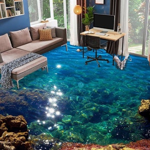 Natura 3D Blue Sea Rock, murale in vinile, vinile autoadesivo, arte del pavimento, pavimento del bagno, pavimento della cucina, pavimento epossidico, 3D visivamente 22