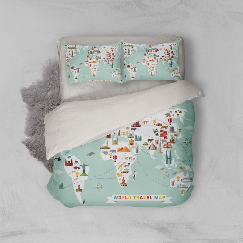 3D World Map Duvet Cover Set, Travel Bedding - Etsy