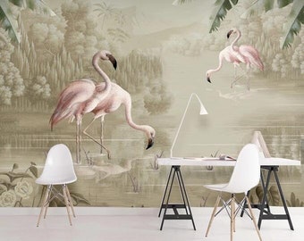 Papier peint flamant rose 3D, décoration murale lac, décoration murale forêt, art mural paysage, autocollant, papier peint amovible, sticker mural