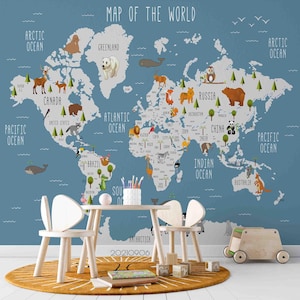 Papier peint carte - Carte du monde animal dessin animé 3D papier peint pour enfants, papier peint autocollant, oeuvre d'art murale pour salon, chambre à coucher, bureau