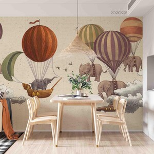 Cartoon Wall Mural – 3D Elephant Hot Air Balloon Boat Kids Wallpaper, Peel and Stick Wallpaper, Wall Art for Living Room, Bedroom, Office