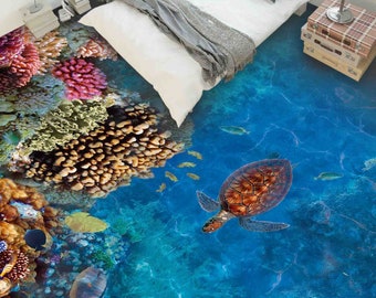 3D corail tortue de mer poisson mer, décoration murale en vinyle, vinyle auto-adhésif, oeuvre d'art pour sol, sol de salle de bain, sol de cuisine, sol époxy, visuel 3D 1