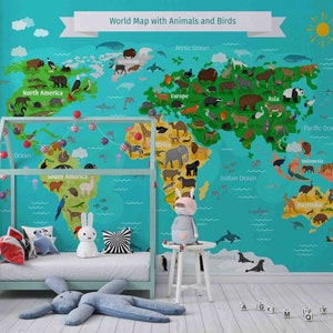 3D Cartoon World Map Animal Green Kids Wallpaper Removable Wallpaper-Peel and stick Wall Mural, Playroom Wallpaper Wall decor,r