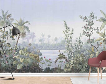 May include: A tropical-themed mural featuring a serene landscape with lush greenery, palm trees, and a tranquil lake. A black floor lamp and a burgundy chair add a modern touch to the scene. The artwork evokes a sense of calm and natural beauty.