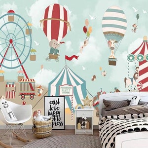 3D Cartoon Playground Hot Air Balloon Carousel Yurt Wallpaper Removable Wallpaper-Peel and stick Wall Mural,Playroom Wallpaper Wall deco,r