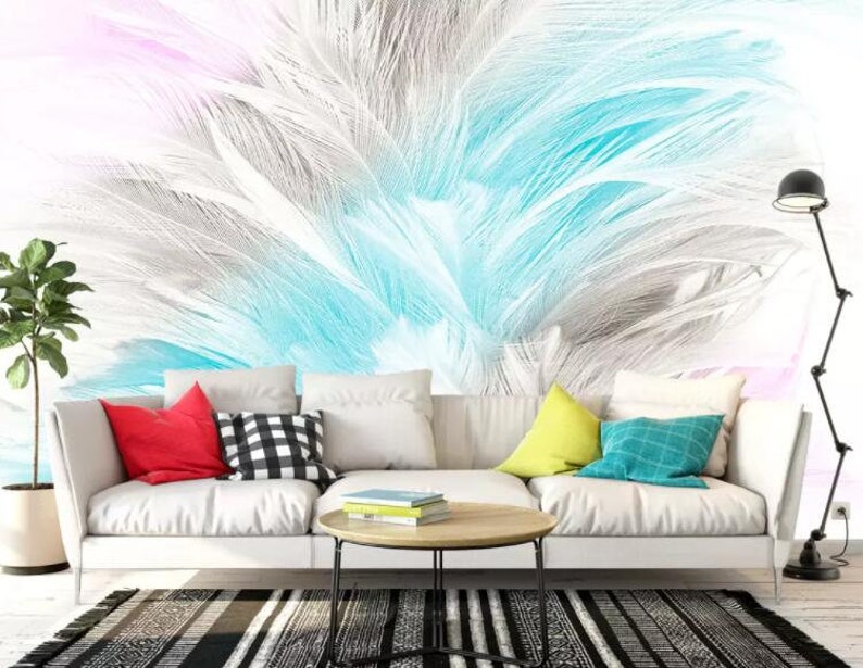 Wall Mural,Vintage art,Peel and Stick Removable Self Adhesive Wallpaper 3D Abstract Soft Watercolor Feather Wallpaper