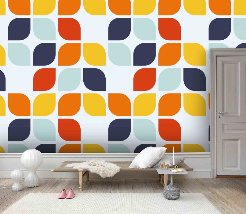 Removable Self Adhesive Wallpaper Wall Mural,Vintage art,Peel and Stick Geometric shape Wallpaper 3D Warm color