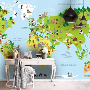 3D-Weltkarten-Tapete, Menschen-Wandbild, Tier-Wanddekoration, Cartoon-Wandkunst, abziehen und aufkleben, abnehmbare Tapete, Wandaufkleber