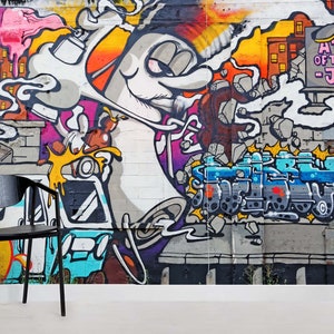 3D Graffiti Wallpaper, Cartoon Character Wall Mural, Street Art Wall Decor, Abstract Wall Art, Peel and Stick, Removable Wallpaper