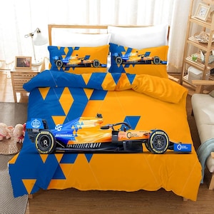Juego de fundas de edredón con diseño de coche en 3D, funda de edredón de carreras, juego de cama amarillo, funda de edredón azul, ropa de cama con letras gemelas, ropa de cama amarilla