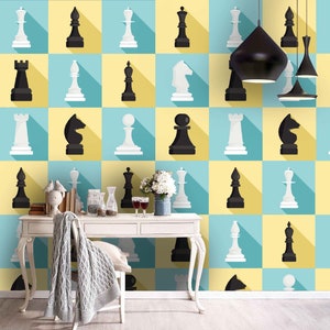 3D Chess Wallpaper, Cartoon Wall Mural, Piece Wall Decor, Black & White Wall Art, Peel and Stick, Removable Wallpaper, Wall Sticker