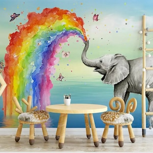 Carta da parati 3D con elefante e arcobaleno, murale a farfalla, decorazione da parete con lago, arte murale ad acquerello, staccabile e attaccabile, carta da parati rimovibile