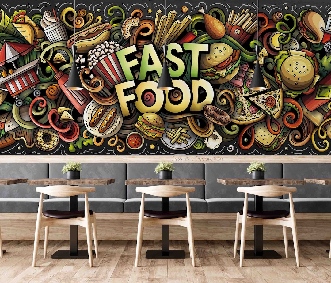 3D Fast Food Wallpaper, Burger Wall Mural, Fries Wall Decor, Restaurant