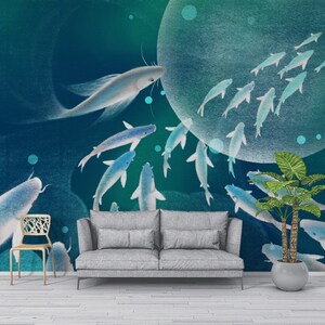 3D Dolphin Wallpaper, Ocean Wall Mural, Cartoon Wall Decor, Kids Wall Art, Peel and Stick, verwisselbaar behang, muursticker