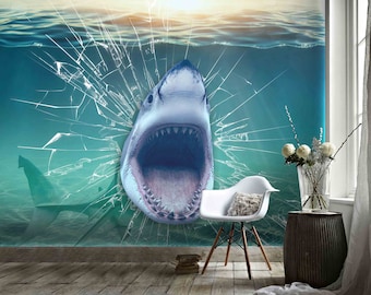 3D Shark Wallpaper, Undersea Wall Mural, Fierce Animal Wall Decor, Bursting Glass Wall Art, Peel and Stick, Removable Wallpaper