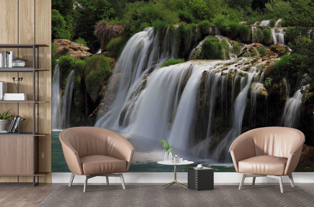 Forest Waterfall Landscape Wallpaper Mural, Peel and Stick - Etsy