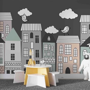 Cartoon City Sky Building 3D Peel and Stick, Removable Wallpaper, Wall Mural, Self-adhesive Wallpaper, Wall Decals, Wallpaper Mural