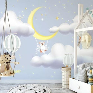 3D Cartoon Star Moon Cloud Swing Bear Hot Air Balloon Wallpaper Removable Wallpaper-Peel and stick Wall Mural,Playroom Wallpaper Wall deco,r