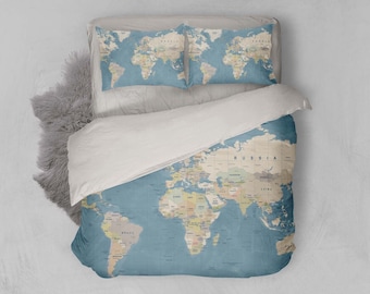 3D World Map Duvet Covers Set, Detailed Quilt Cover, Blue Bedding Set, Land Doona Cover, Plate Queen Bedding, Traditional King Bedding