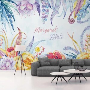 3d desenhado à mão floral suculentas folhas letras papel de parede removível-casca e vara mural de parede, sala de jogos papel de parede deco, r
