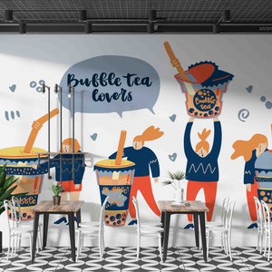 3D-Cartoon, handgezeichnet, Bubble Tea, Milchteeladen, Perlentee, Wandkunst, abziehen und aufkleben, abnehmbare Tapete, Wandaufkleber 47