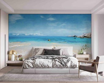 Blue Sky Beach 3D-behangmuurschildering, peel and stick
