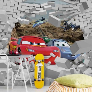 漫画風壁画 – 3Dホワイトレンガ壁の車キッズ壁紙、剥がして貼れる壁紙、リビングルーム、寝室、オフィス用のウォールアート