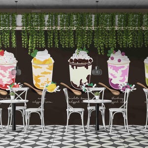 May include: Illustration of five colorful whipped cream drinks with fruit toppings, each in a clear cup. The drinks are strawberry, mango, chocolate brownie, blueberry, and lime. The background is a dark brown wall with hanging greenery.