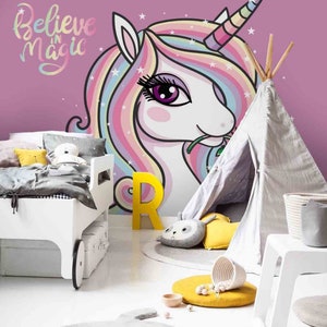 3D Cartoon Tier Einhorn Tapete Abnehmbare Tapete-Schälen und aufkleben Wandbild, Spielzimmer Tapete Wanddeko,r