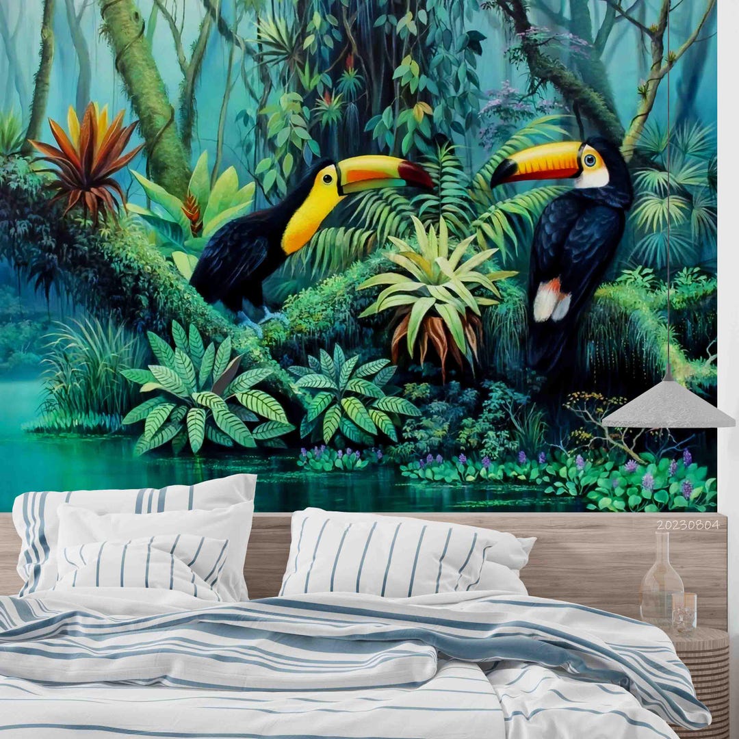 Tropical Jungle Wallpaper Mural – Green Trees & Birds, Peel and Stick ...