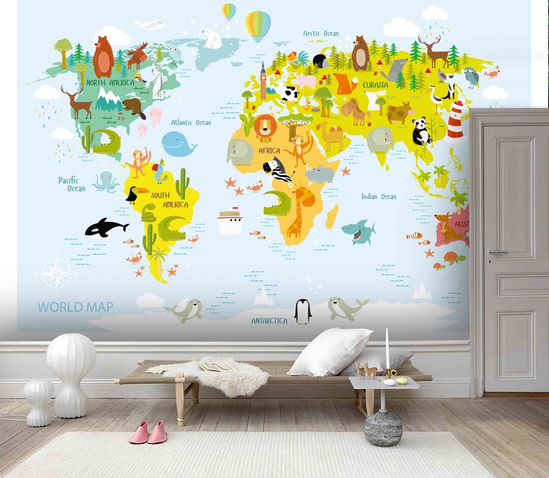 Cartoon Animal World Map Wallpaper, Peel and Stick Kids Mural - Etsy