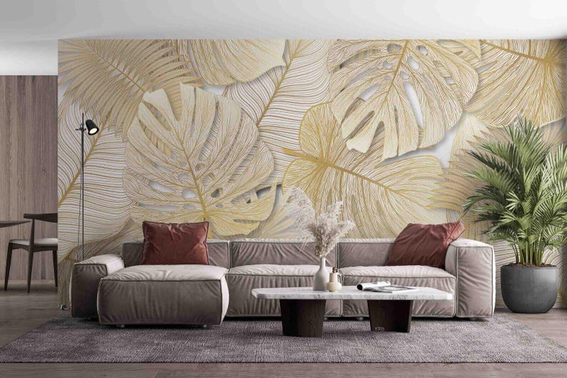 Gold Monstera Leaf 3D Wallpaper Mural, Peel and Stick Decal - Etsy